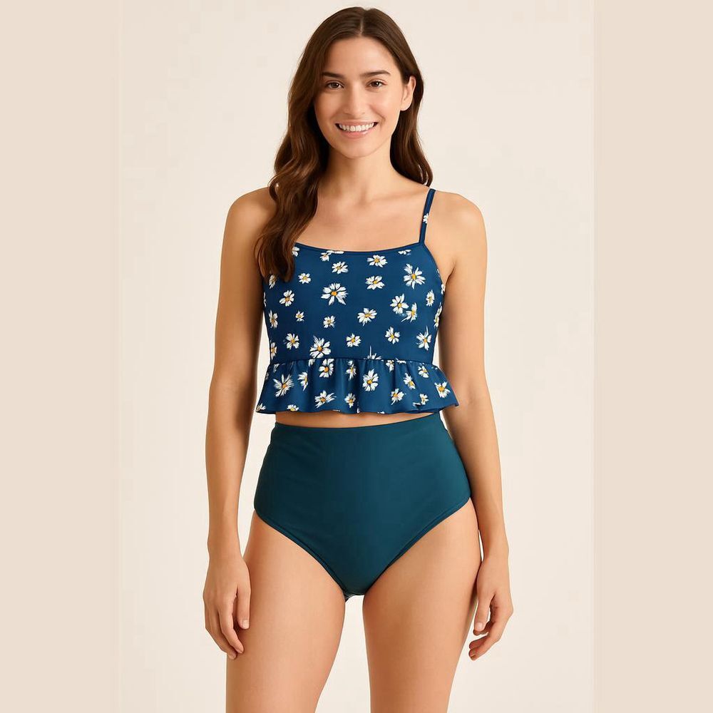 Daisy Print Tankini Set - Women's XS - High Waisted Swimsuit